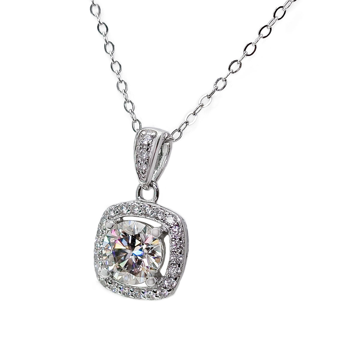 017LV Squared Halo Pave Center Stone Necklace