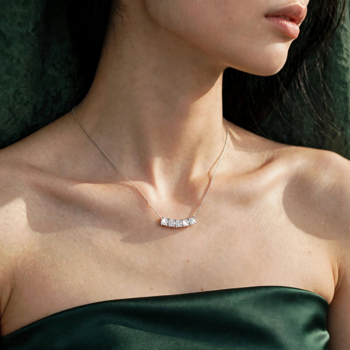 5-Stone Princess-Cut Bar Moissanite Necklace 377LV