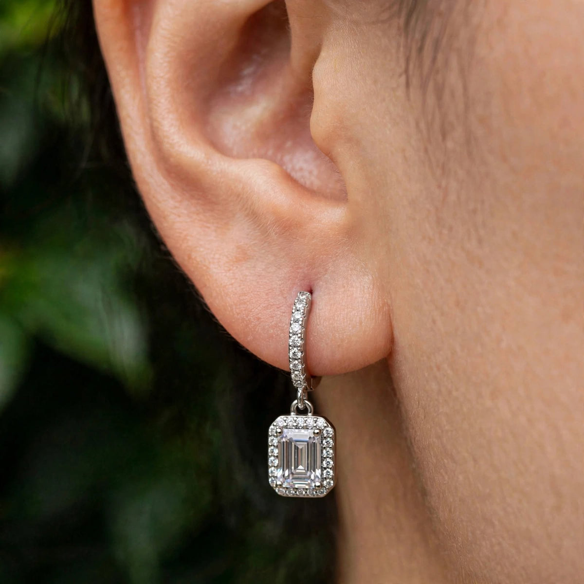 Emerald-Cut Halo Moissanite Drop Huggie Earrings 220LV