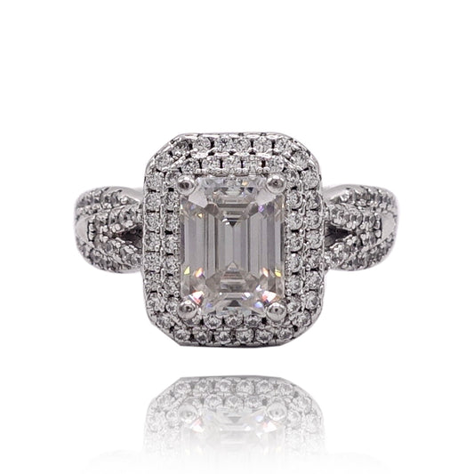 234LV Emerald Cut Halo with Side Stone Engagement Ring