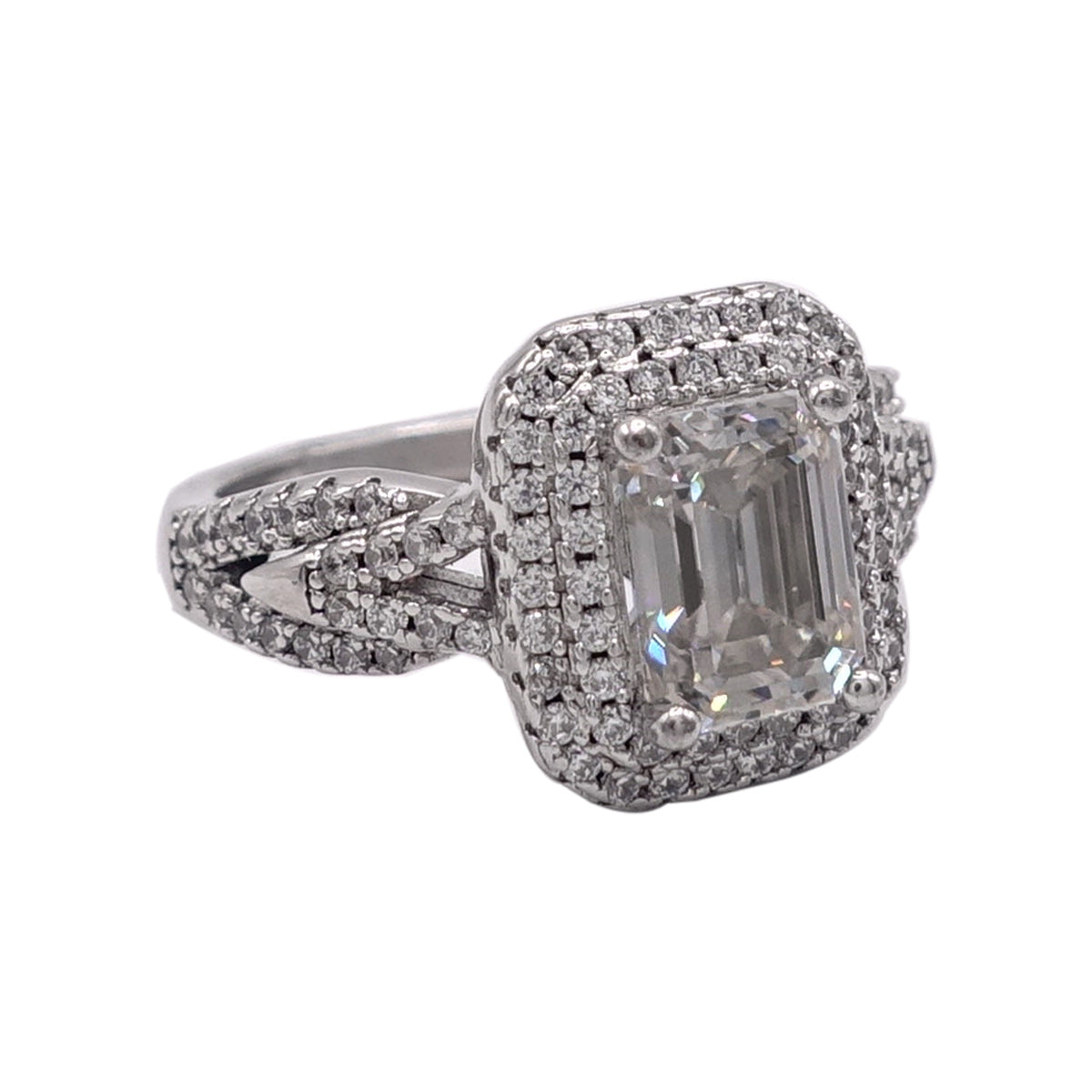 234LV Emerald Cut Halo with Side Stone Engagement Ring