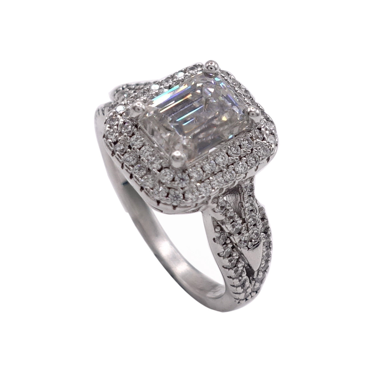 234LV Emerald Cut Halo with Side Stone Engagement Ring