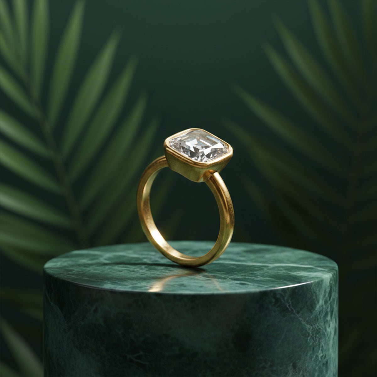 Emerald-Cut Bezel Solitaire Gold White Stone Ring 396LV