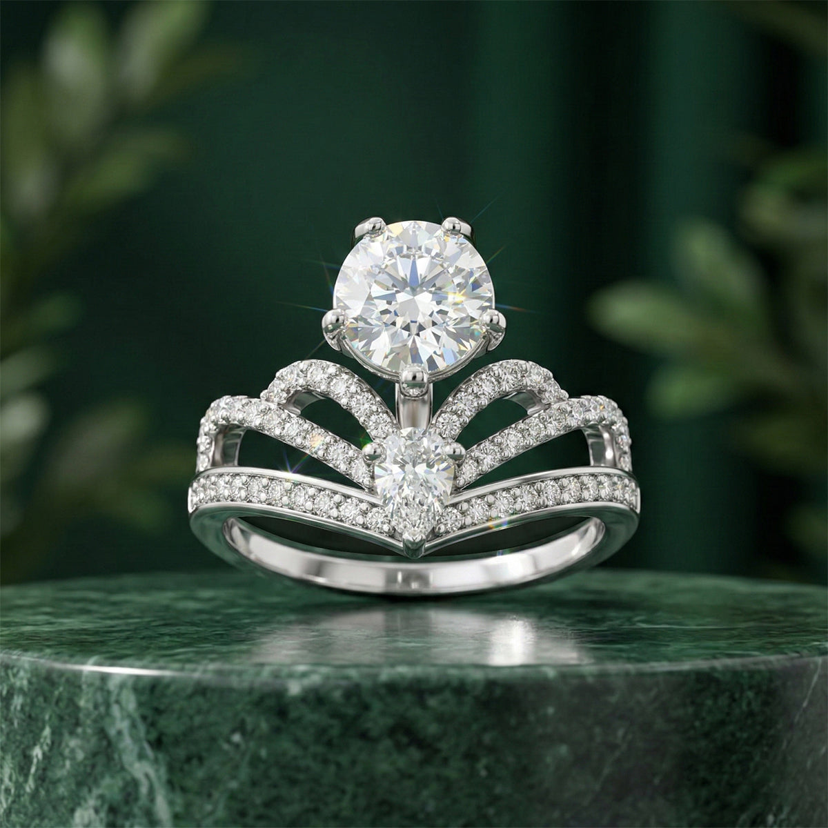 457LV Royal Crown Round Cut Moissanite Ring
