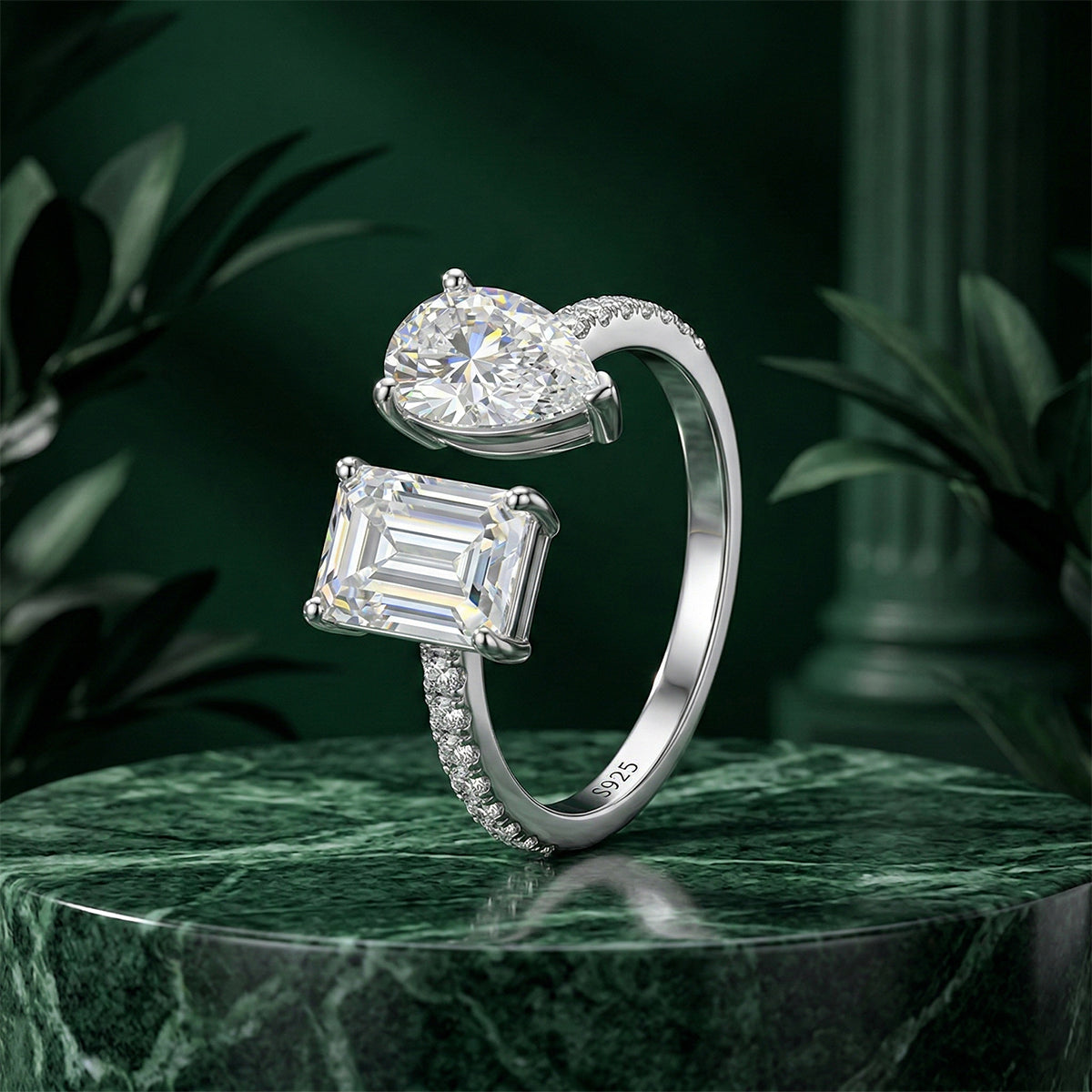 459LV Toi Et Moi Emerald and Pear Cut Twin Ring