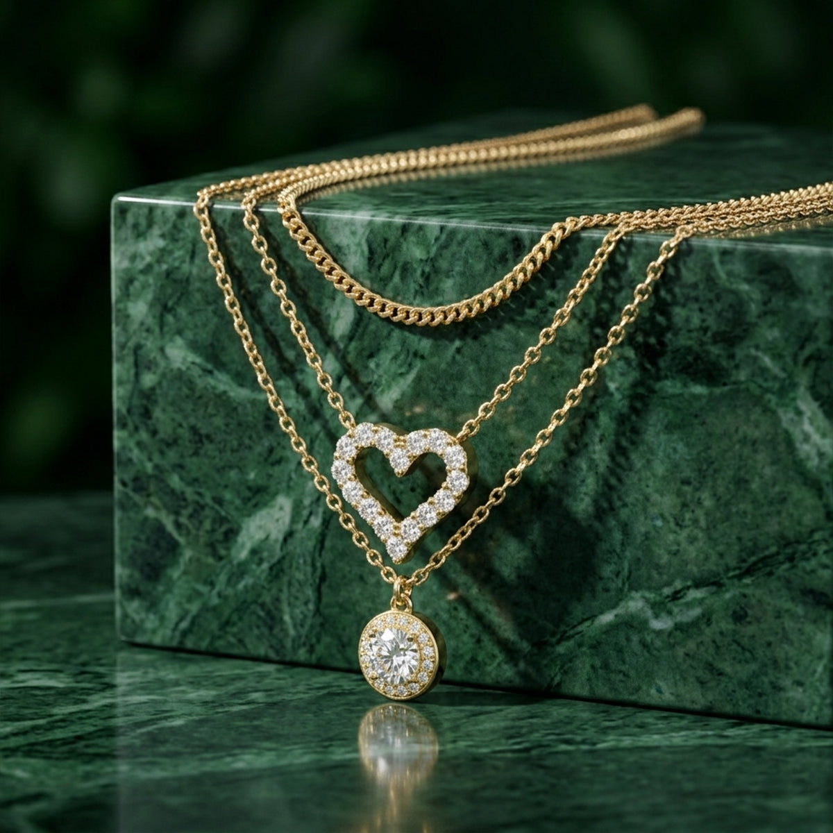 465LV Round and Heart Moissanite Pendant Gold Layered Necklace