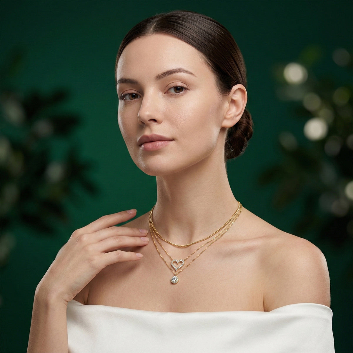 465LV Round and Heart Moissanite Pendant Gold Layered Necklace
