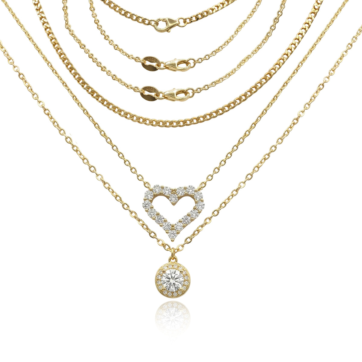 465LV Round and Heart Moissanite Pendant Gold Layered Necklace