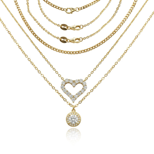465LV Round and Heart Moissanite Pendant Gold Layered Necklace