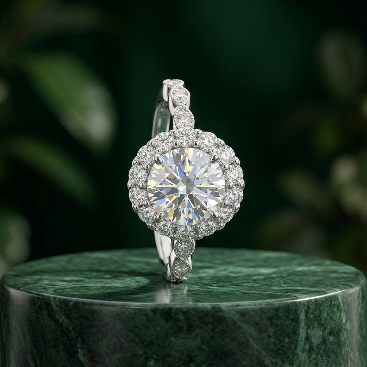 469LV Vintage Halo Round Cut Moissanite Engagement Ring
