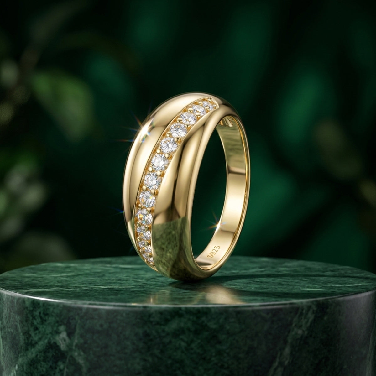 473LV  Striped Dome Moissanite Gold Ring