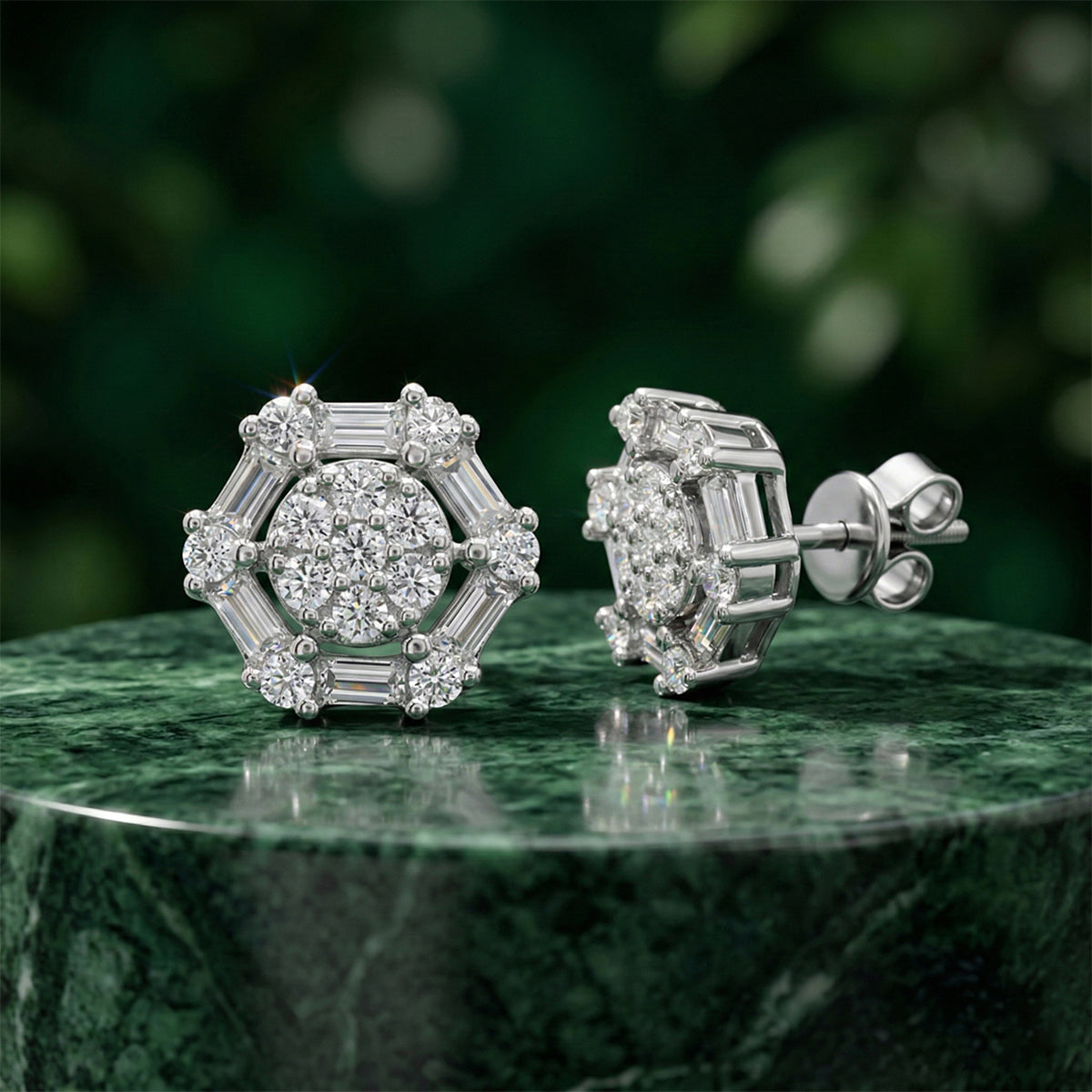 476LV Hexagonal Cluster Baguette Cut Moissanite Stud Earrings