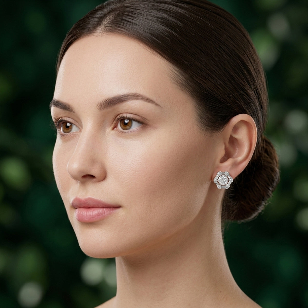 476LV Hexagonal Cluster Baguette Cut Moissanite Stud Earrings