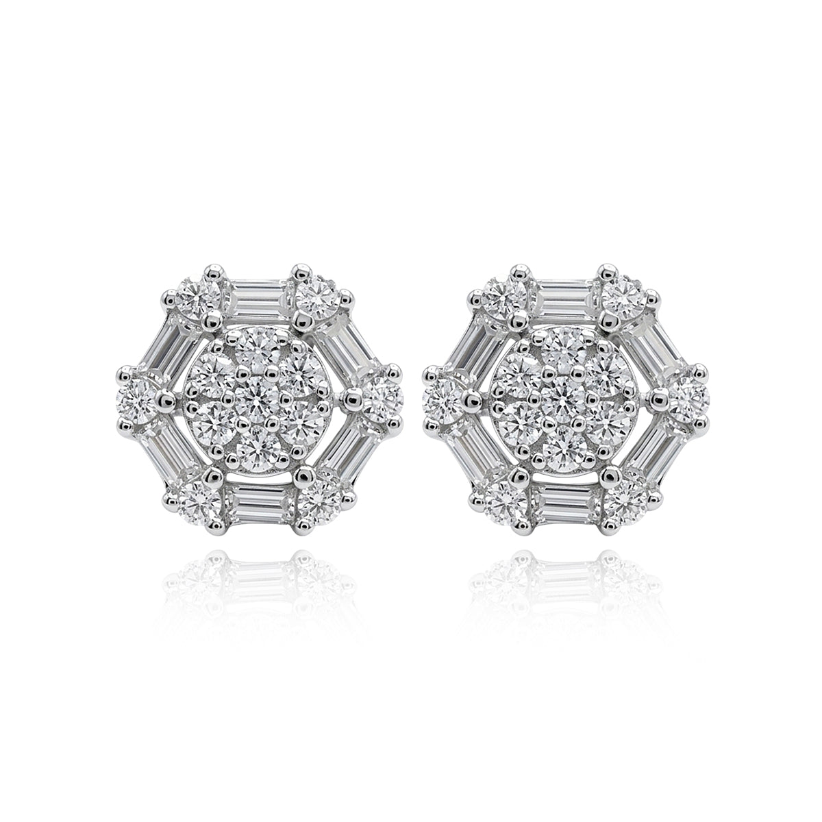 476LV Hexagonal Cluster Baguette Cut Moissanite Stud Earrings