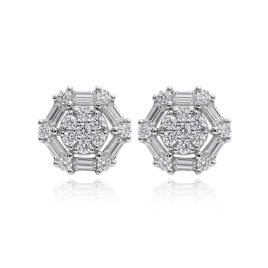 476LV Hexagonal Cluster Baguette Cut Moissanite Stud Earrings