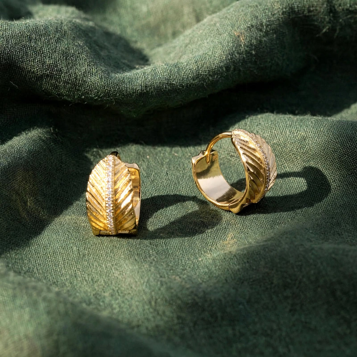 Gold Leaf Patterned Moissanite Huggie Hoops 371LV