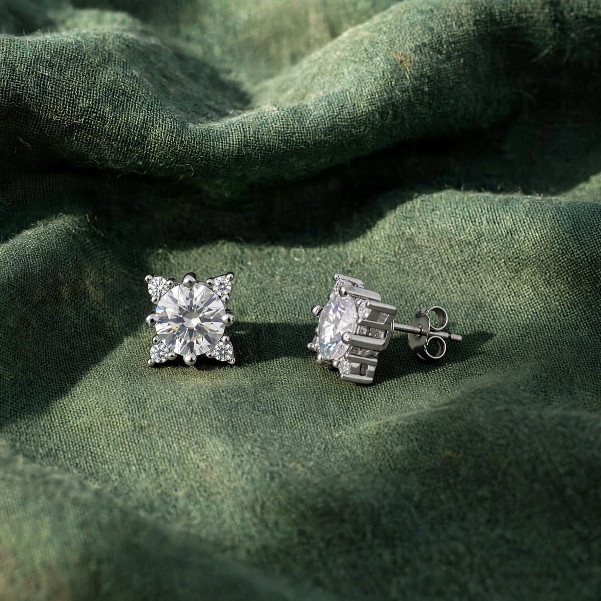 Corner-Accent Solitaire Moissanite Basket Earrings 222LV