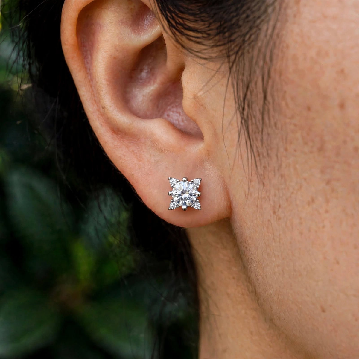 Corner-Accent Solitaire Moissanite Basket Earrings 222LV