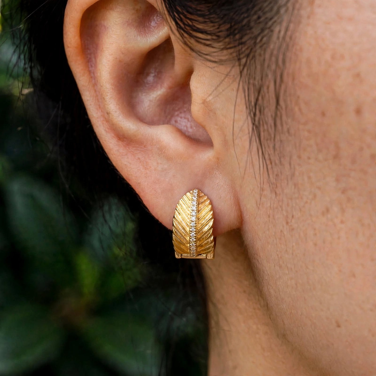 Gold Leaf Patterned Moissanite Huggie Hoops 371LV